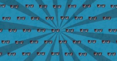 Mavi arka planda çizgiler üzerinde tekrarlanan güneş gözlüğü animasyonu. Klasik iletişim, müzik, parti, renk ve hareket konsepti dijital olarak oluşturulmuş video.