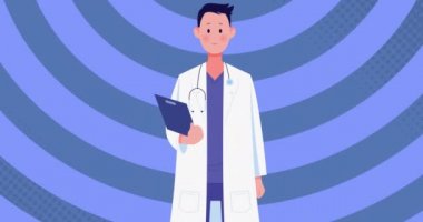 Yüz maskesi takan hareket eden erkek doktorun animasyonu. küresel covid 19 salgın konsepti dijital olarak oluşturulmuş video.