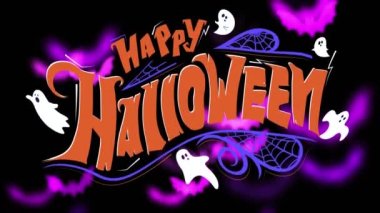 Hayaletler ve yarasalar üzerine Mutlu Cadılar Bayramı metni animasyonu. Cadılar bayramı, sonbahar, kutlama ve geleneksel konsept dijital olarak oluşturulmuş video.