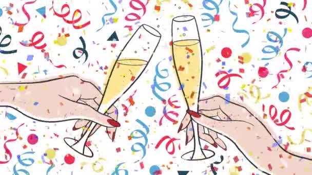 Animazione Mani Con Champagne Coriandoli Sfondo Bianco Partito Celebrazione Concetto — Video Stock