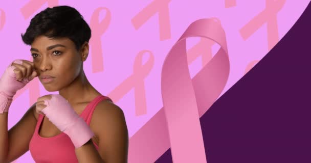 Animation Breast Cancer Awareness Text Biracial Woman Και Ροζ Κορδέλες — Αρχείο Βίντεο