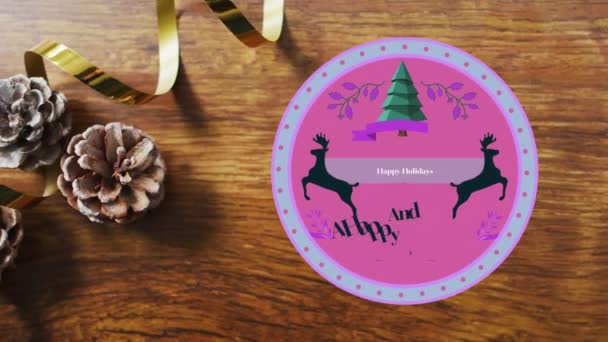 在木制背景的装饰之上 用圆圆的标签勾勒出快乐假期的圣诞祝福 圣诞节 传统和庆祝概念数字制作的视频 — 图库视频影像