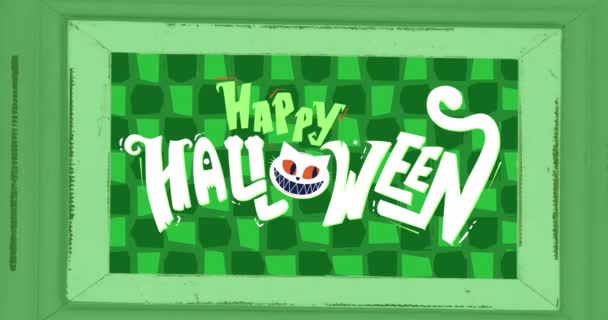 Animation Happy Halloween Cat Green Checked Background Halloween Tradition Celebration — Stock Video