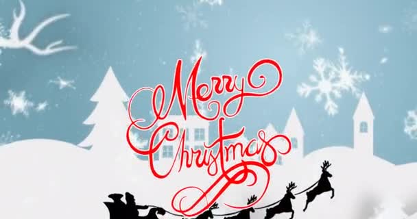 Animation Merry Christmas Text Winter Scenery Santa Sleigh Christmas Winter — Stock Video