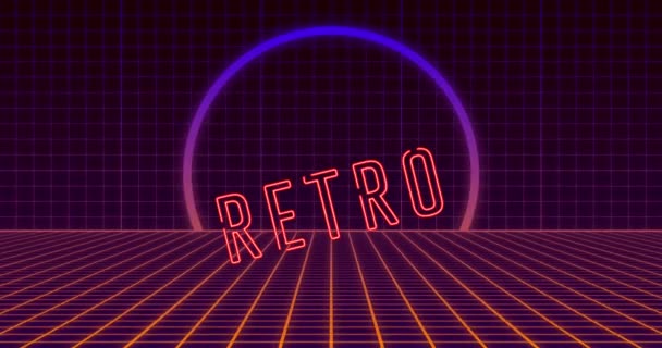 Animation Von Beweglichem Retro Text Neonbuchstaben Über Neon Kreis Und — Stockvideo