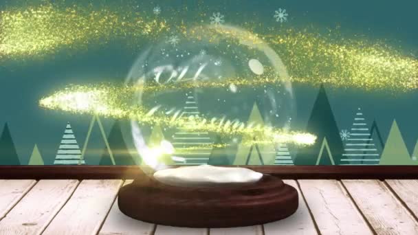 Animation Happy Christmas Text Snow Globe Fir Trees Snow Falling — Stock Video