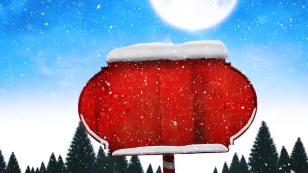 Animación Nieve Cayendo Letrero Madera Sobre Paisaje Invierno Navidad Navidad — Vídeos de Stock