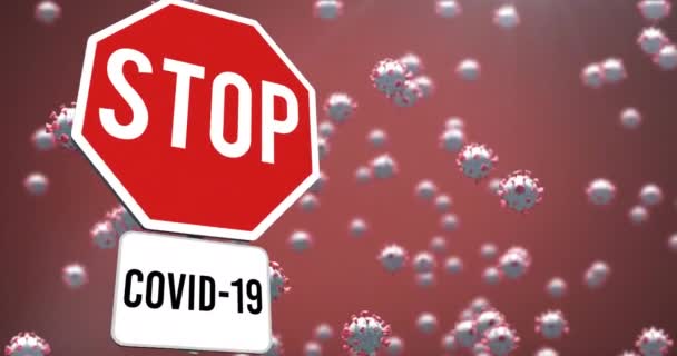 停止標識の上にCovid 19細胞を落下させるアニメーション 世界中で流行している19の概念をデジタルで — ストック動画