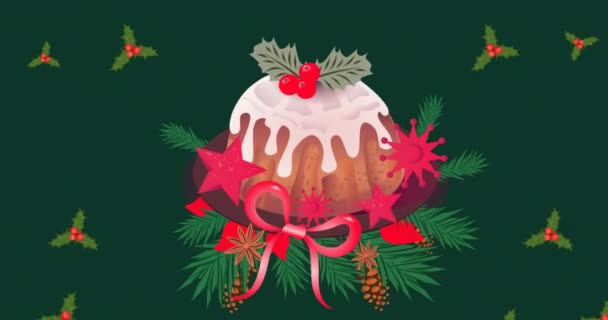 Animatie Van Kerstcake Bladeren Groene Achtergrond Kerstmis Winter Traditie Viering — Stockvideo