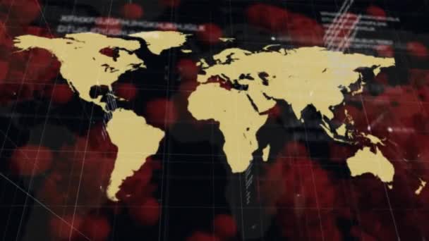 在世界地图上显示了正在坠落的19细胞的动画 全球联盟19大流行病概念数码视频 — 图库视频影像