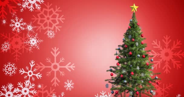 クリスマスツリーと雪の上に陽気なクリスマステキストのアニメーション クリスマス 伝統とお祝いのコンセプトデジタルで生成されたビデオ — ストック動画