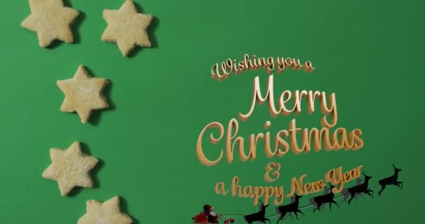 Animáció Kívánok Boldog Karácsonyt Szöveg Felett Coopkies Télapó Szán Zöld — Stock videók