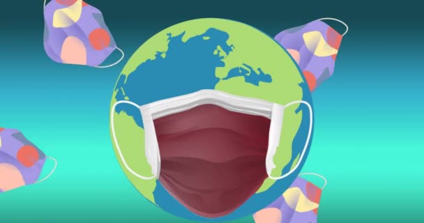 Анимация Падающих Масок Глобусе Маске Лица Глобальный Шабаш Пандемия Концепции — стоковое видео