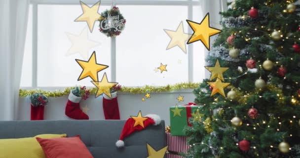 欢愉的圣诞祝福的动画在圣诞树和装饰品之上 圣诞节 传统和庆祝概念数字制作的视频 — 图库视频影像