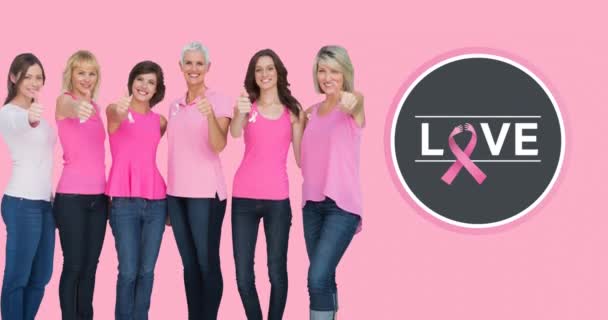 在面带微笑的不同女性中宣传乳腺癌知识 乳腺癌认识运动概念数字化生成的视频 — 图库视频影像
