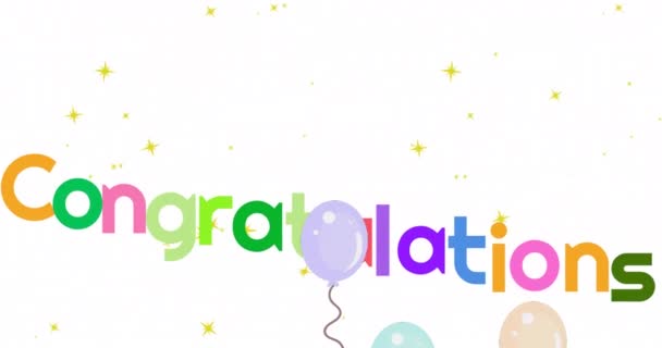 Animation Congratulations Text Stars Balloons White Background Party Celebration Concept — Stock Video