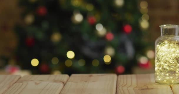 Animation Merry Christmas Text Blurred Christmas Tree Background Christmas Tradition — Stock Video