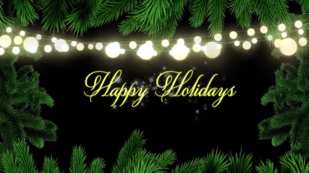 プレゼントやモミの木の上のクリスマスに幸せな休日のテキストのアニメーション クリスマス 伝統とお祝いのコンセプトデジタルで生成されたビデオ — ストック動画