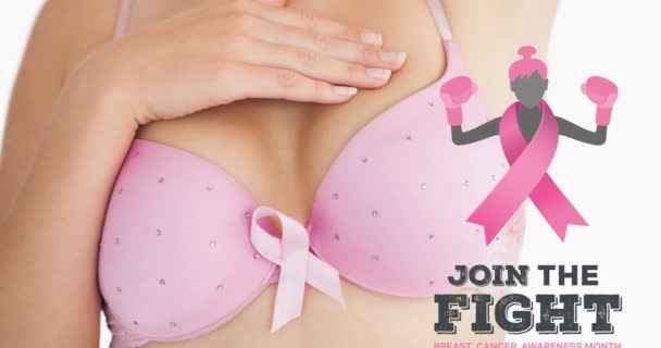 Göğüs Kanseri Farkındalığı Metninin Beyaz Kadın Üzerine Animasyonu Göğüs Kanseri — Stok video