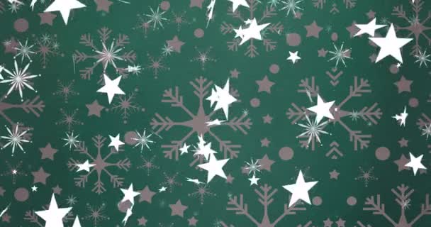 Animering Julstjärnor Faller Över Grön Bakgrund Med Snöflingor Jul Tradition — Stockvideo