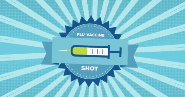 流感疫苗数码动画在蓝色径向背景上用注射器图标向文字横幅射击 预防肠病毒爆发的疫苗注射概念 — 图库视频影像