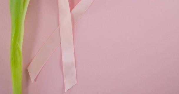 Animation Des Brustkrebs Bewusstseinstextes Über Blume Und Rosa Brustkrebsband Konzept — Stockvideo