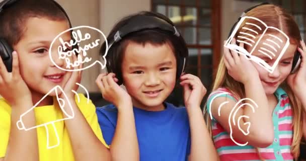 Animasi Ikon Sekolah Atas Anak Anak Sekolah Menggunakan Headphone Sekolah — Stok Video