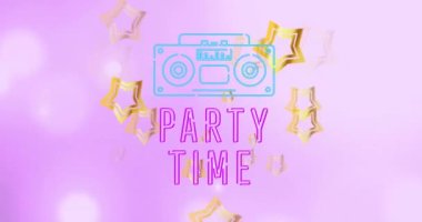 Yıldızlar üzerinde parti zamanı metninin animasyonu. Sosyal medya ve iletişim arayüzü kavramı dijital olarak oluşturulmuş video.