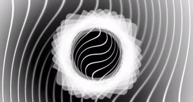 Siyah arkaplanda dönen beyaz şekilli çember ve çizgilerin animasyonu. renk, model ve hareket konsepti dijital olarak oluşturulmuş video.