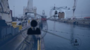 İHA taşıyan kutunun ve arka plandaki portun üzerindeki simgelerle bağlantı ağının animasyonu. küresel gönderim ve bağlantılar konsepti dijital olarak oluşturulmuş video.