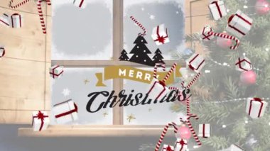 Hediyelerin düşmesi ve pencerenin açılmasıyla ilgili mutlu noel mesajlarının canlandırması. Noel, kış, gelenek ve kutlama konsepti dijital olarak oluşturulmuş video.