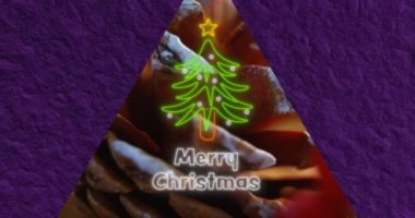 Noel ağacı üzerine yazılmış mutlu noel mesajlarının animasyonu. Noel, gelenek ve kutlama konsepti dijital olarak oluşturuldu.