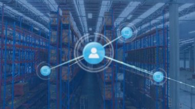 Arka plandaki depodaki simgelerle bağlantı ağının animasyonu. küresel gönderim ve bağlantılar konsepti dijital olarak oluşturulmuş video.