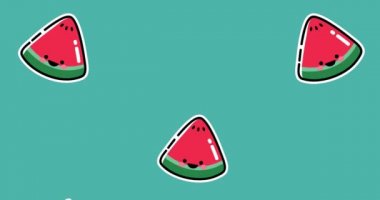 Gülümseyen kırmızı elmalar ve karpuz dilimlerinin mavi arkaplanda yukarı doğru hareket edişinin animasyonu. yiyecek ve beslenme konsepti dijital olarak üretilen video.