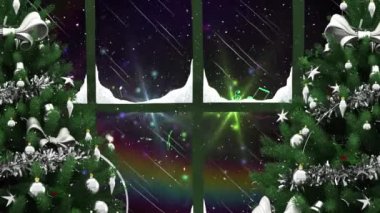 Yılbaşı ağaçlarının üzerine kar yağması ve pencereden görünen parlayan ışıkların. Noel, gelenek ve kutlama konsepti dijital olarak oluşturuldu.