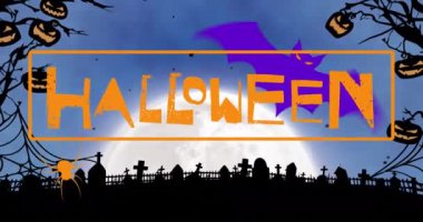 Mezarlıktaki mutlu Cadılar Bayramı metninin animasyonu. Cadılar bayramı, sonbahar, kutlama ve geleneksel konsept dijital olarak oluşturulmuş video.