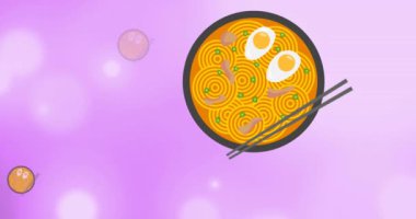 Yumurta ve çubuklu erişte kaselerinin mor arka planda bokeh lambalarını hareket ettirmesi. yiyecek ve beslenme konsepti dijital olarak üretilen video.