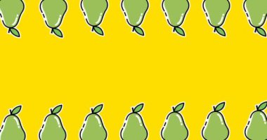 Sarı arka planın üstünde ve altında hareket eden iki sıra yeşil armut animasyonu. yiyecek ve beslenme konsepti dijital olarak üretilen video.