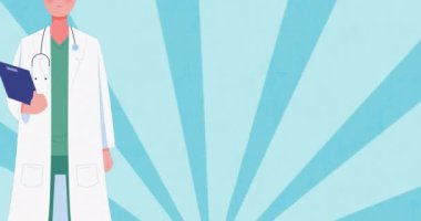 Mavi arkaplandaki çizgilerin üzerinde doktor simgesi canlandırması. Tıbbi ve sağlık hizmetleri iletişim teknolojisi konsepti dijital olarak oluşturulmuş video.