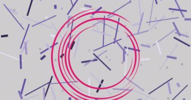 Pembe halkalı ve soluk gri arka planda hareket eden mor çizgili pepperonili pizza dilimi animasyonu. yiyecek ve beslenme konsepti dijital olarak üretilen video.