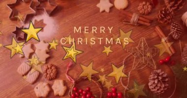Dekorasyon üzerine Mutlu Noeller metni animasyonu. Noel, kış, gelenek ve kutlama konsepti dijital olarak oluşturulmuş video.
