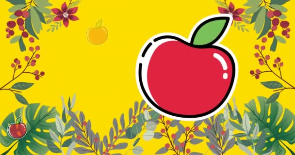 Animación Manzanas Rojas Sonrientes Con Bayas Hojas Sobre Fondo Amarillo — Vídeos de Stock