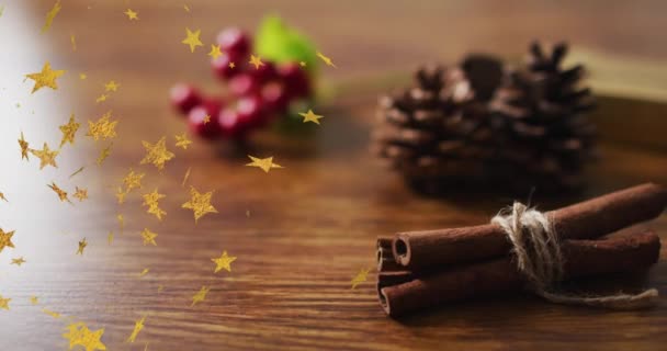 Animación Estrellas Navidad Sobre Conos Pino Navidad Invierno Tradición Concepto — Vídeos de Stock