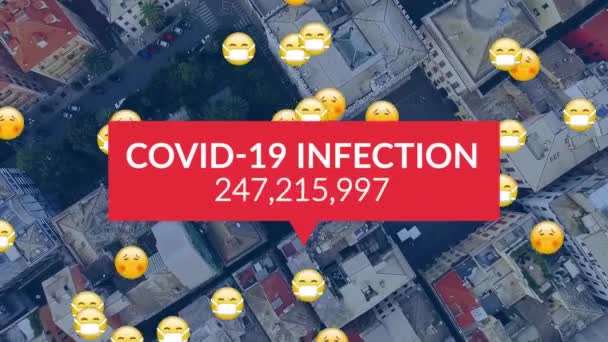 Animation Covid Data Emojis Cityscape Background Global Covid Pandemic Concept — Stock Video