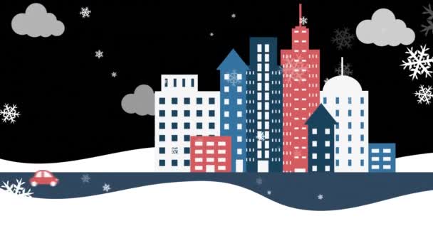 Animation Snow Falling Cityscape Christmas Christmas Winter Tradition Celebration Concept — Stock Video