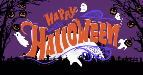 墓地の上の幸せなハロウィーンのテキストのアニメーション ハロウィーン お祝いと伝統の概念デジタルで生成されたビデオ — ストック動画