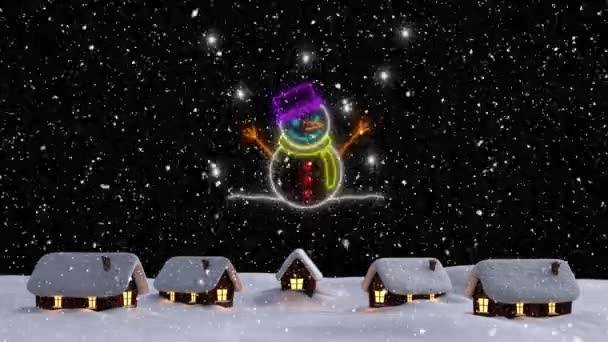Kar Yağarken Neon Kardan Adam Animasyonu Noel Kış Manzarası Noel — Stok video
