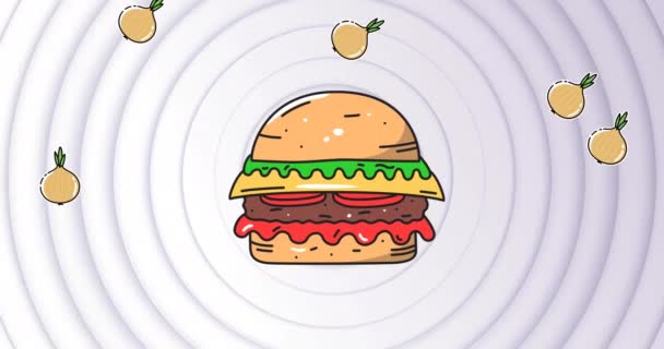 Animación Hamburguesas Con Queso Cebollas Que Caen Sobre Círculos Grises — Vídeo de stock