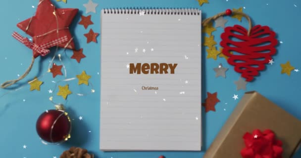 Animație Crăciun Fericit Text Peste Decorațiuni Crăciun Iarnă Tradiție Concept — Videoclip de stoc
