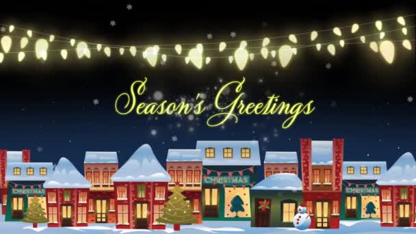 Animacja Świątecznych Pozdrowień Tekst Nad Opadami Śniegu Światła Bajki Krajobraz — Wideo stockowe